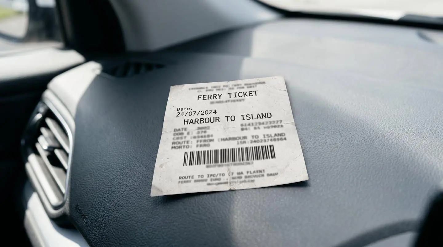 Gros plan sur un billet de ferry posé sur le tableau de bord d'une voiture moderne avec un arrière-plan flouté