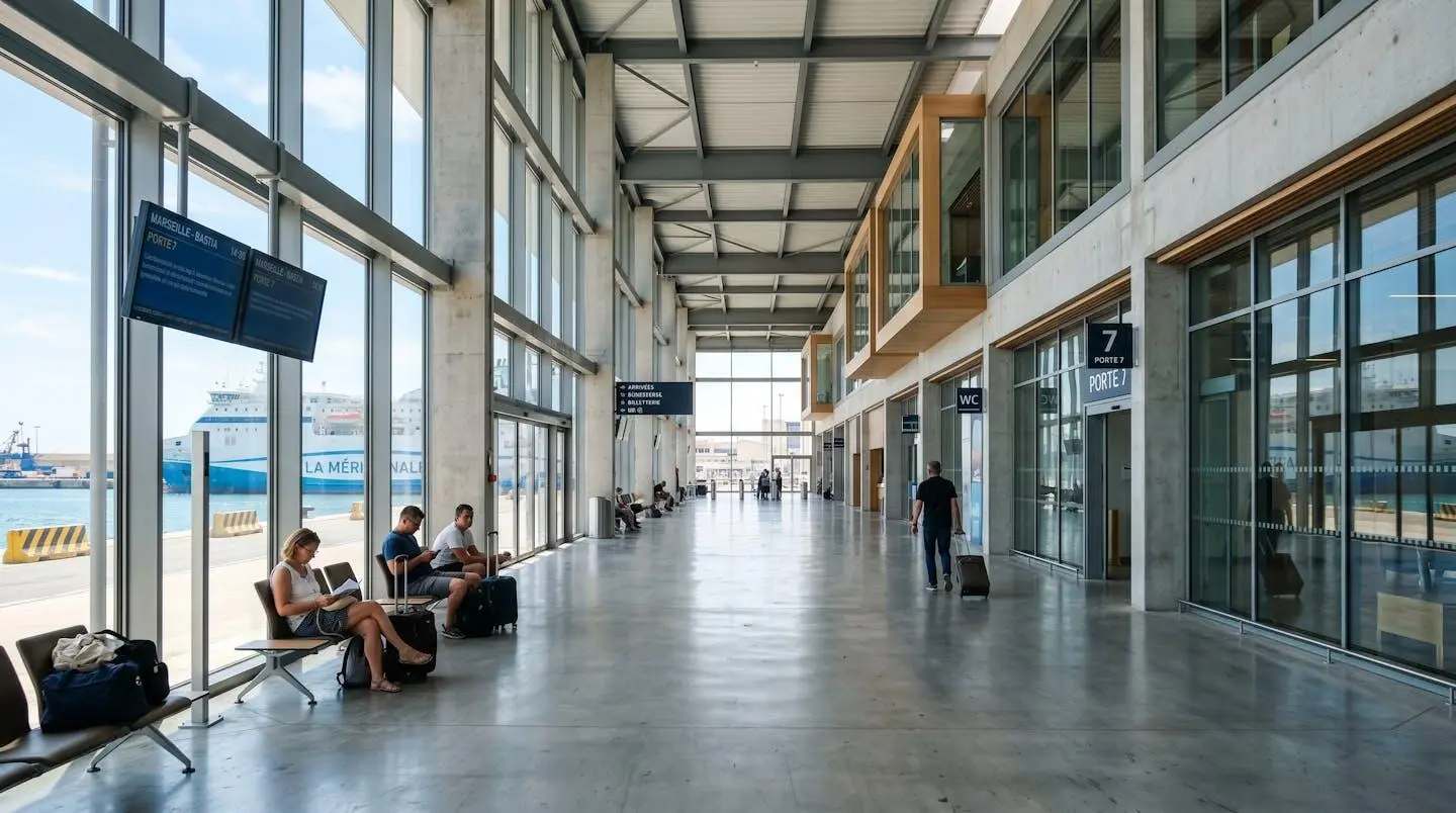 Vue large d'un terminal de ferry méditerranéen moderne avec de grandes baies vitrées et une architecture contemporaine épurée