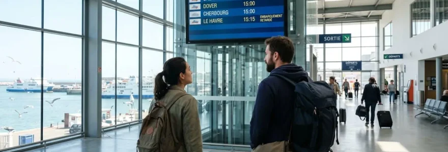 Deux voyageurs de dos consultent un grand panneau d'affichage des horaires de départ dans un terminal de ferry lumineux et contemporain