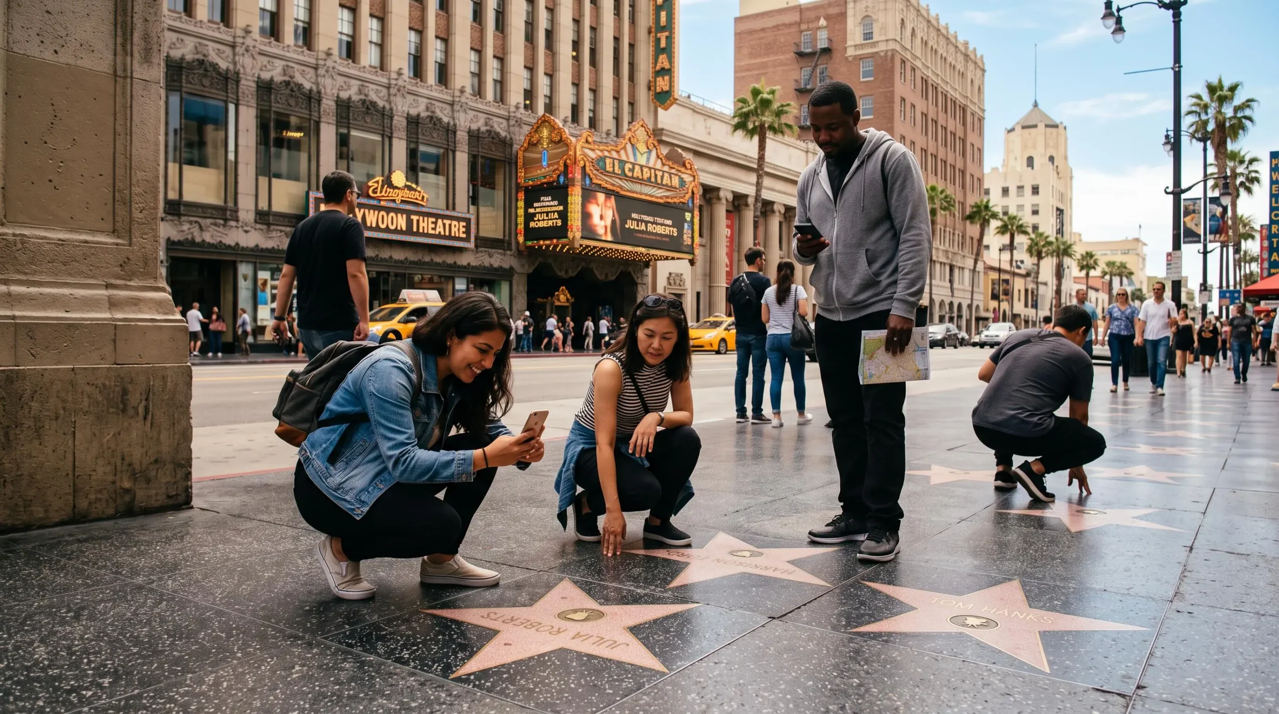 Visiteurs observant les plaques en forme d'étoiles incrustées dans le trottoir du Hollywood Walk of Fame sur Hollywood Boulevard.