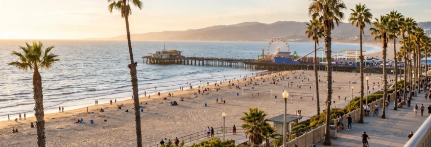Vue panoramique de la plage de Santa Monica à Los Angeles au coucher du soleil, avec sa jetée en bois, ses palmiers et des visiteurs marchant sur le sable.