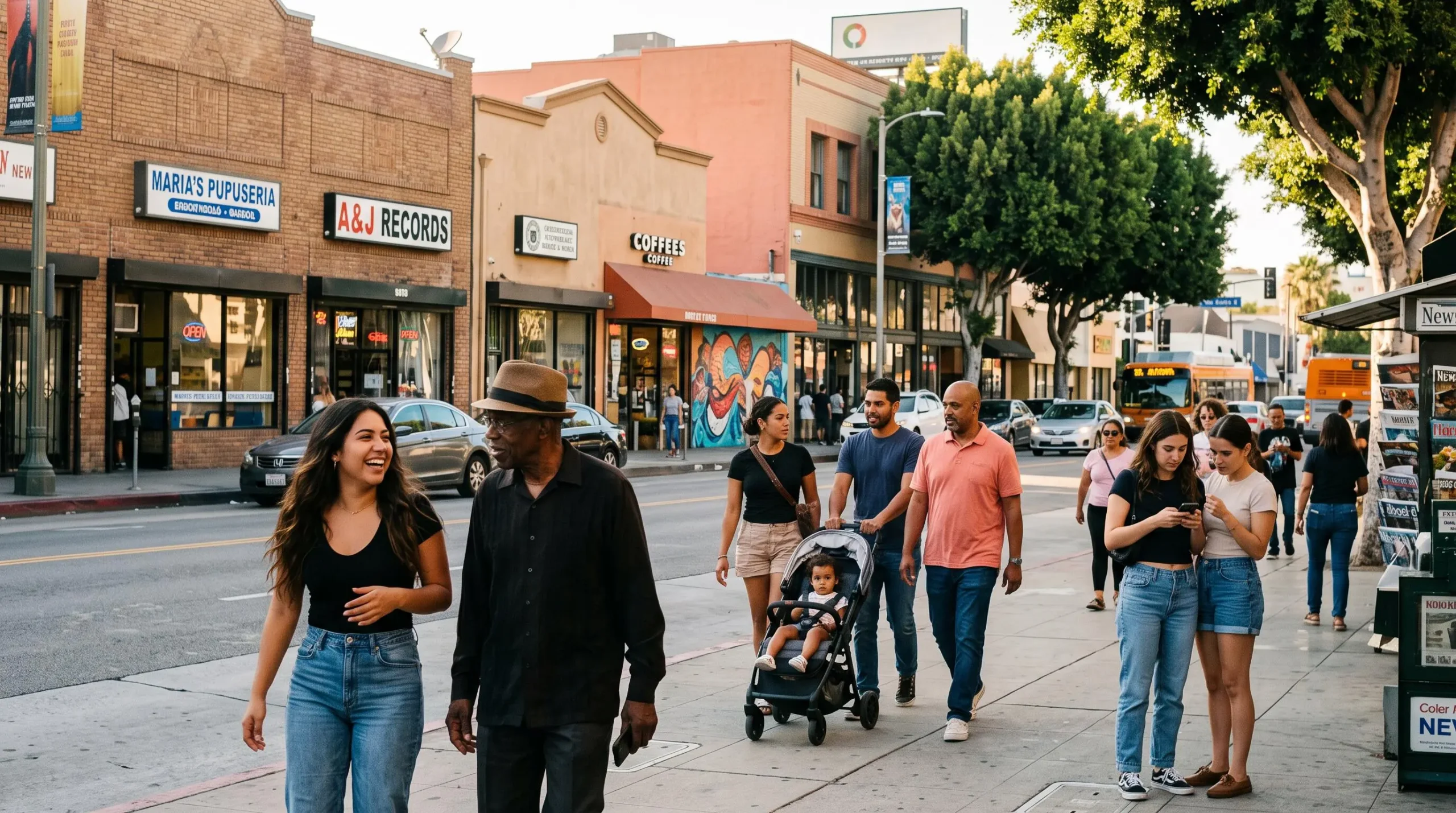 Passants de différentes origines marchant dans une rue commerçante animée d'un quartier cosmopolite de Los Angeles en journée.