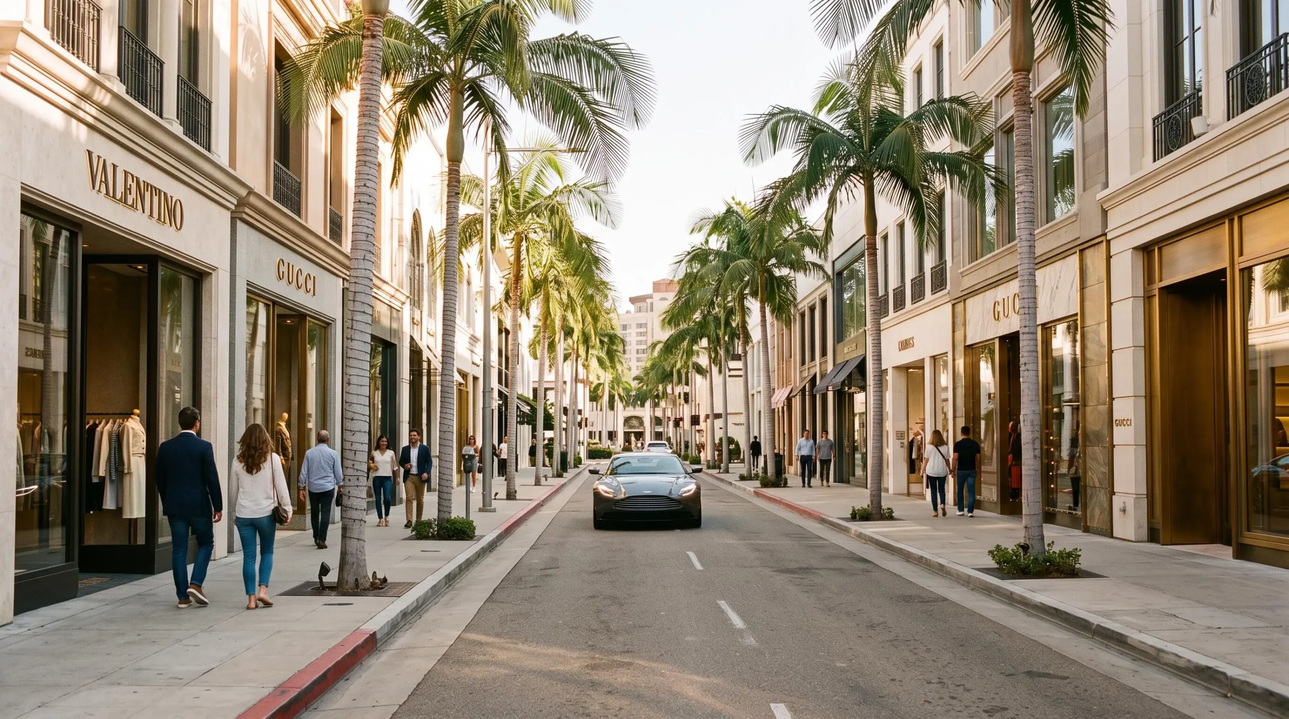 Passants élégants flânant devant les boutiques haut de gamme de Rodeo Drive à Beverly Hills, en Californie.