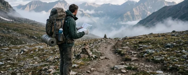 Un randonneur consulte sa fiche d'itinéraire à un col de montagne.