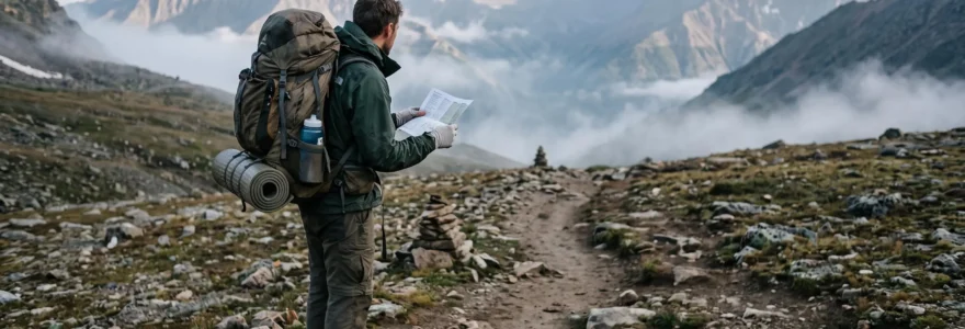 Un randonneur consulte sa fiche d'itinéraire à un col de montagne.