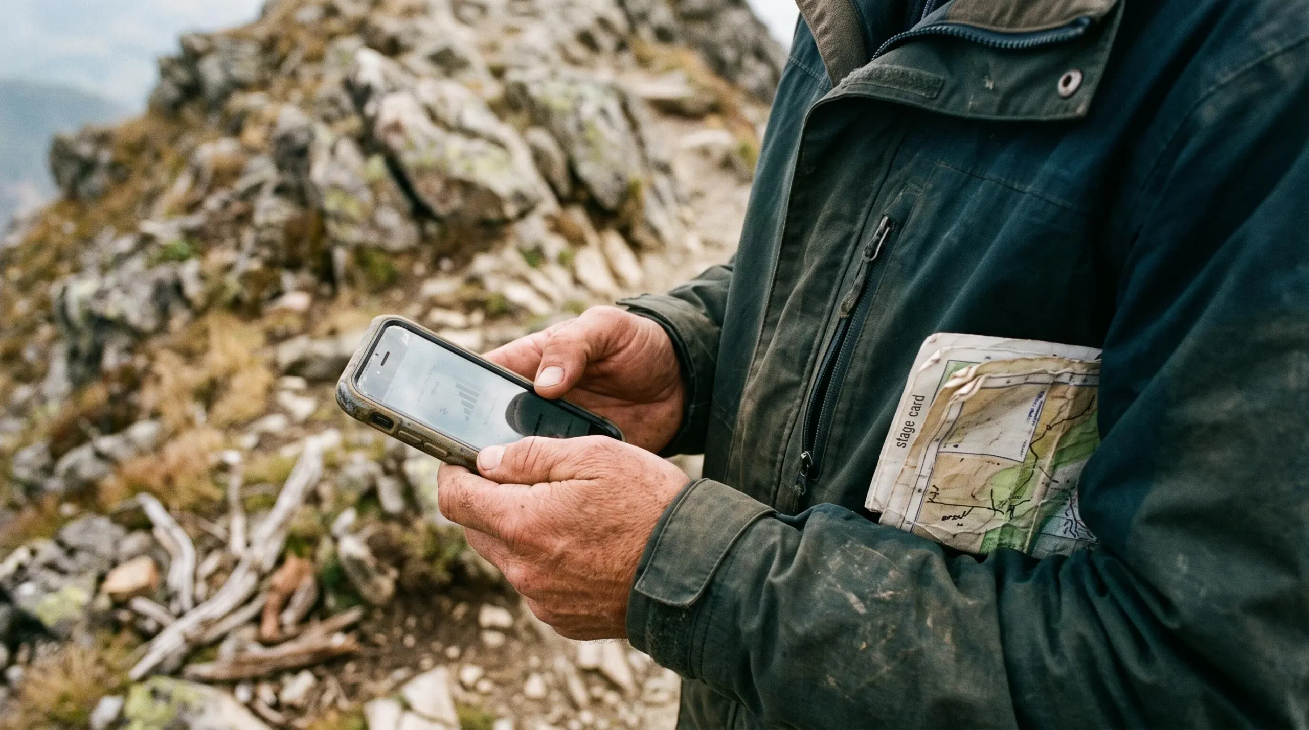 Un randonneur vérifie la réception de son téléphone sur une crête rocheuse.