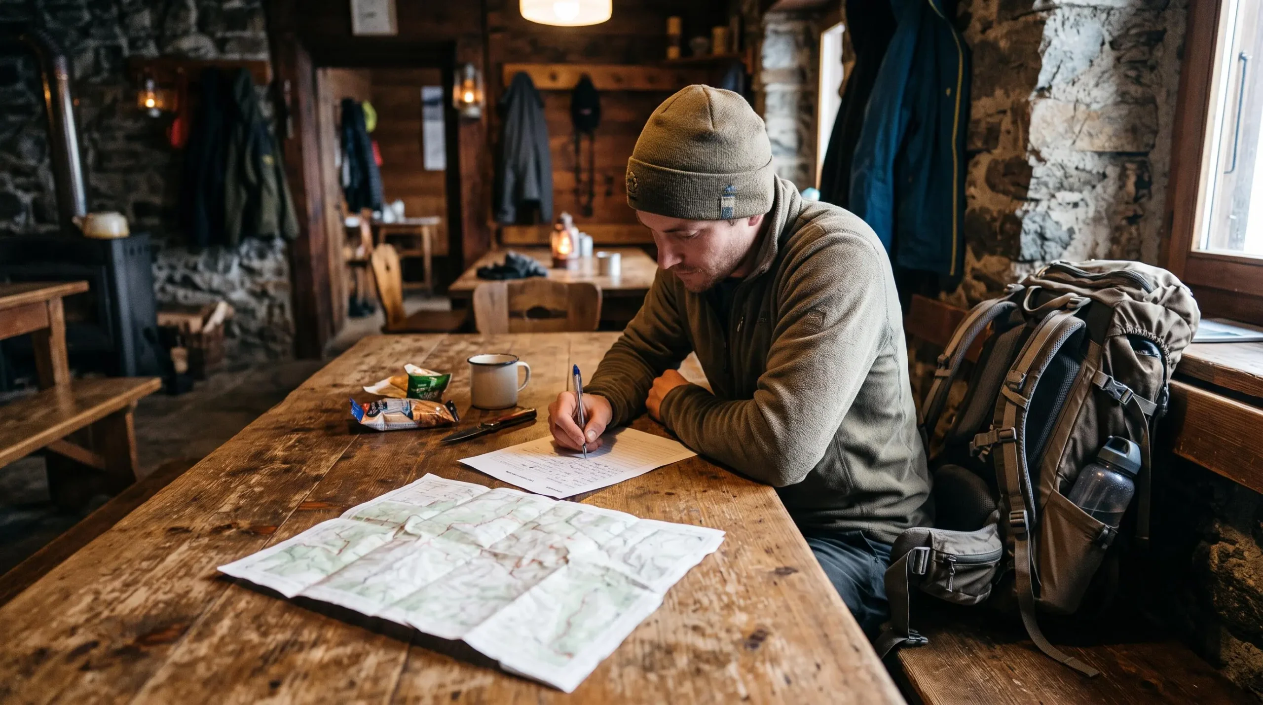 Un trekker remplit une fiche d'étape à la table d'un refuge.